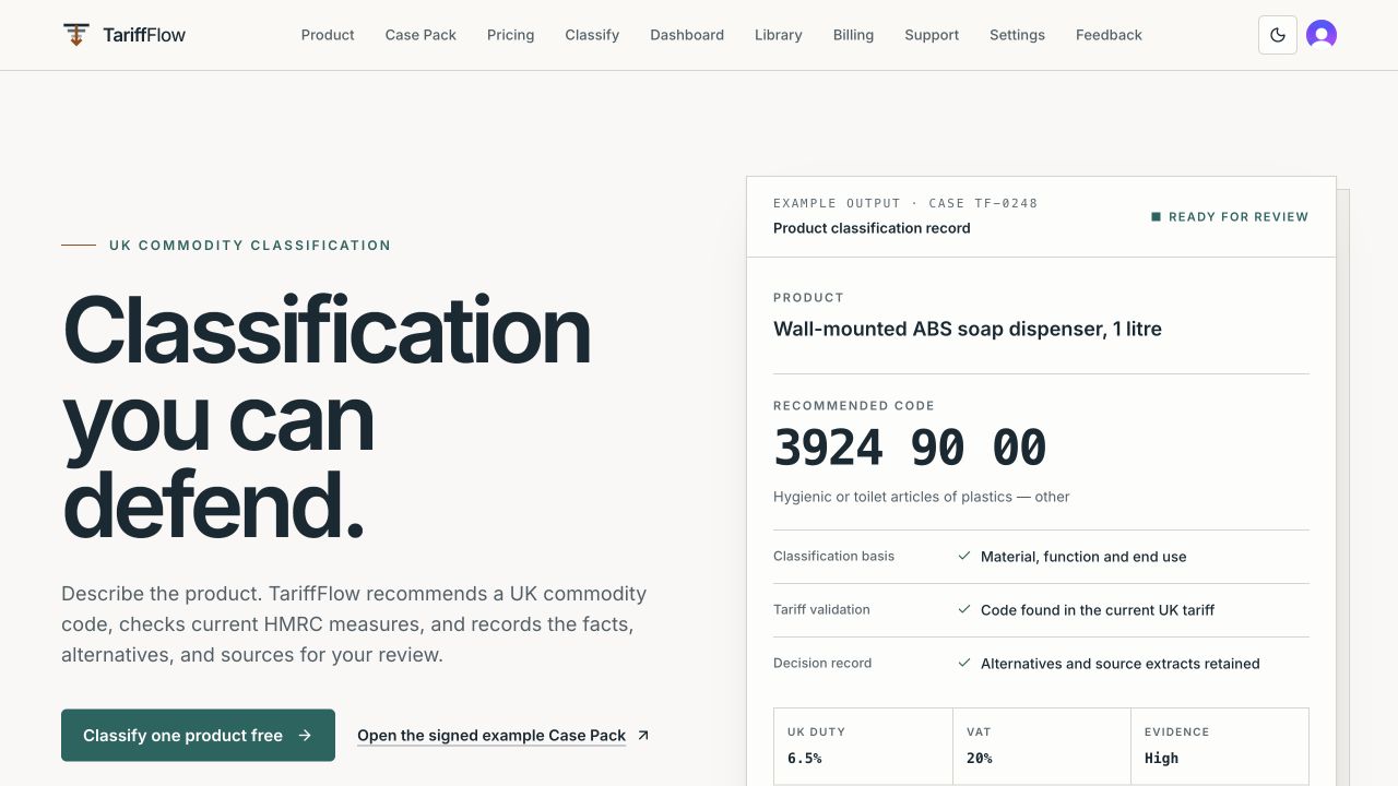 TariffFlow public interface — Public product page with an illustrative classification record. Captured September 2026.